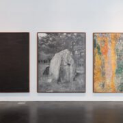 Gala Porras-Kim, The weight of a patina of time [2125], 2024, Graphite, color pencil and encaustic on paper, Triptych: 228.6 x 182.8 cm each (framed) © Gala Porras-Kim. Courtesy of the artist Photo: Wes Magyar/MCA Denver