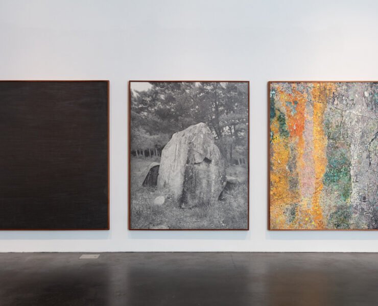 Gala Porras-Kim, The weight of a patina of time [2125], 2024, Graphite, color pencil and encaustic on paper, Triptych: 228.6 x 182.8 cm each (framed) © Gala Porras-Kim. Courtesy of the artist Photo: Wes Magyar/MCA Denver
