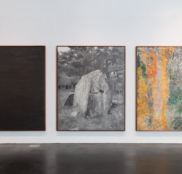 Gala Porras-Kim, The weight of a patina of time [2125], 2024, Graphite, color pencil and encaustic on paper, Triptych: 228.6 x 182.8 cm each (framed) © Gala Porras-Kim. Courtesy of the artist Photo: Wes Magyar/MCA Denver